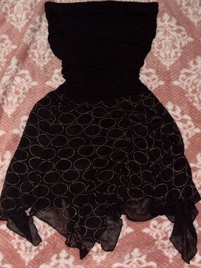 Women's Black Strapless Handkerchief Hem Dress with Metallic Ring Detail
